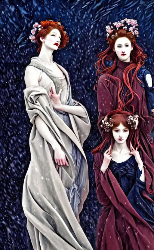 Prompt: 3 Figures as Winter Spirits, style is a blend of Peter Chung, Botticelli, and John Singer Sargent, inspired by pre-raphaelite paintings, shoujo manga, and Japanese city street fashion, dark and moody colors, hyper detailed, super fine inking lines, 4K extremely photorealistic digital art