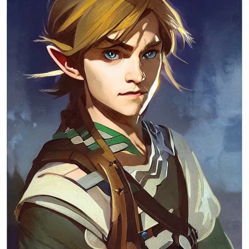 Prompt: Stunning portrait of a young Link from the Legend of the Zelda. Art by Greg Rutkowski and Alphonse Mucha