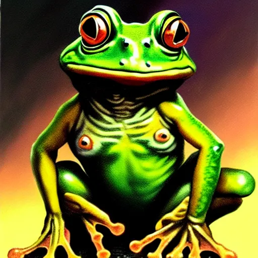 Image similar to oil painting of a frog warrior, in the style of 9 0 s dungeons & dragons and magic the gathering, character art card, highly readable