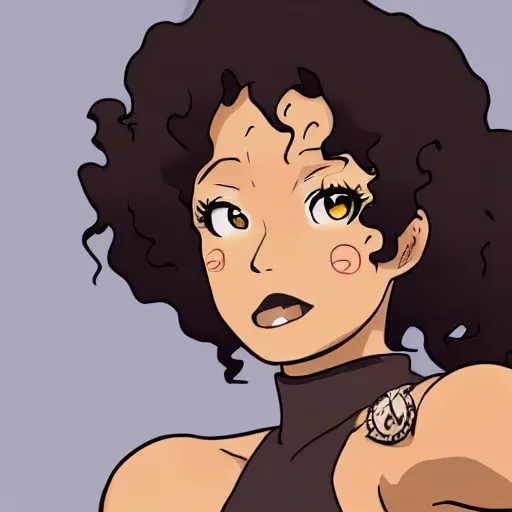 Prompt: A brown skinned woman with black curly hair as an anime character from cowboy bebop