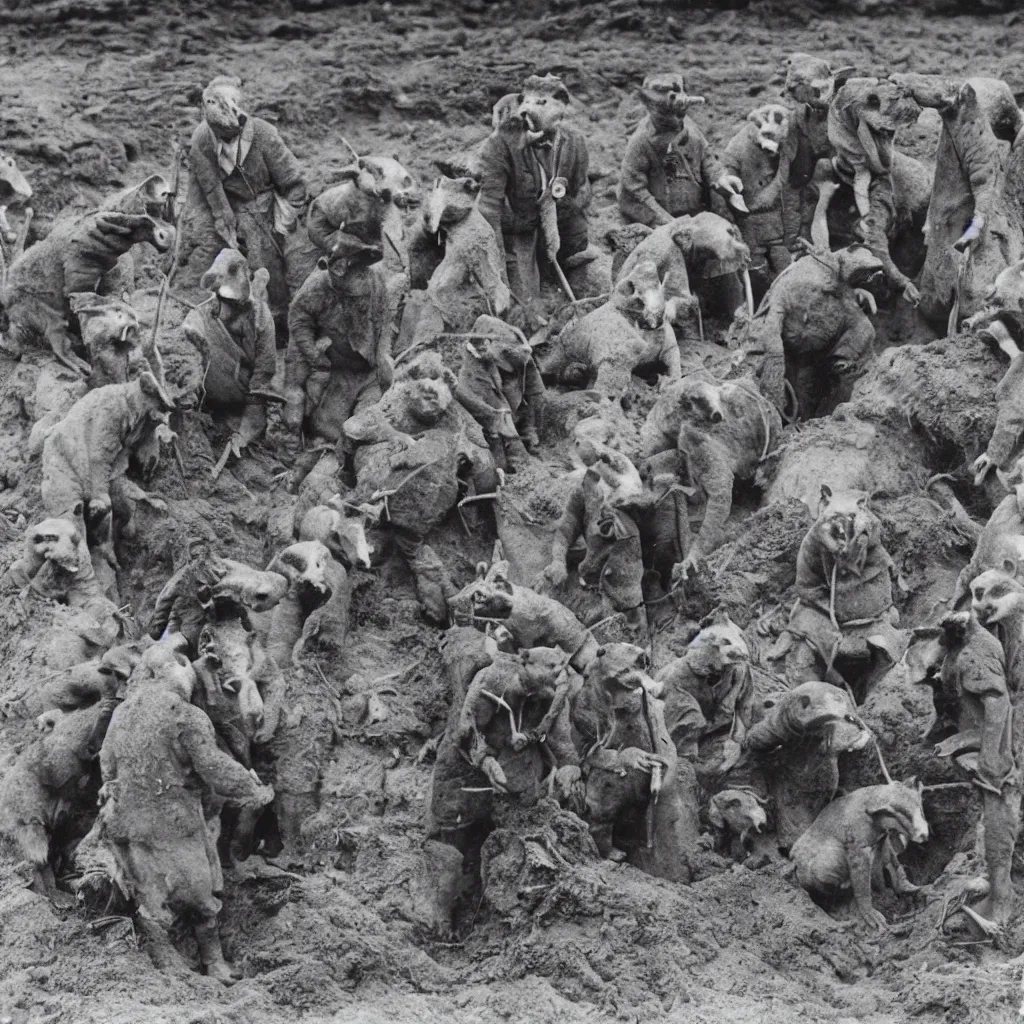 Image similar to a group of badger archaeologists with badger faces, digging at sutton hoo in 1 9 4 0 s suits, standing upright like people, anthropomorphic, style of beatrix potter, their faces are badger's faces, rendered as a highly detailed black & white photograph