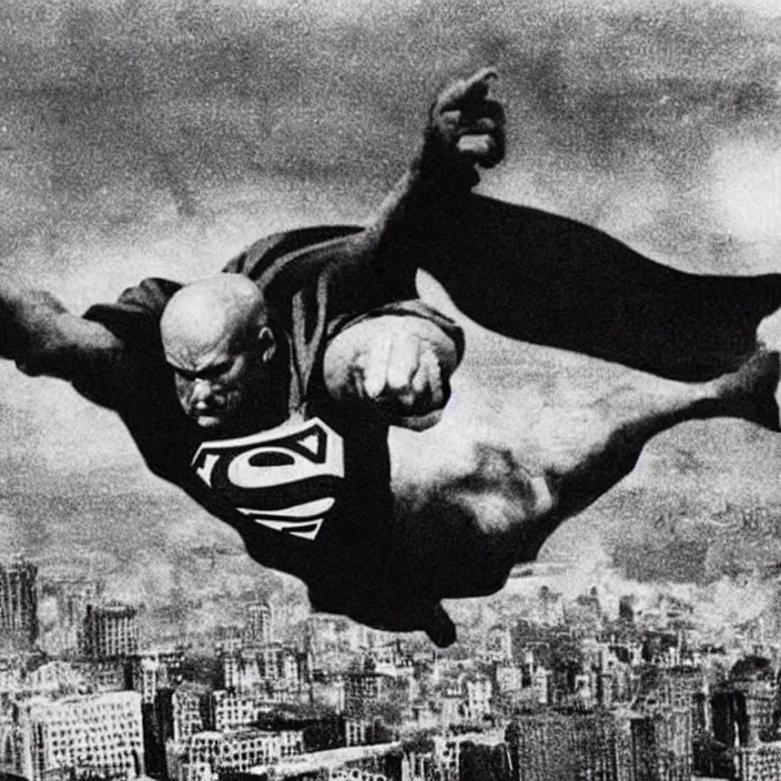 Prompt: “Close-up of very old and tired and bald and sad Superman flying over destroyed city. Newspaper photo.”