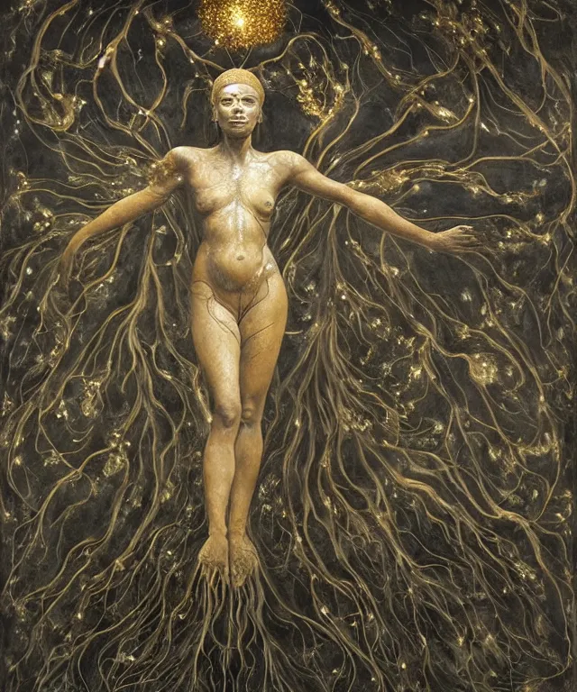 Image similar to Beautiful full-body wax sculpture of a glowing transparent infinite plant with women faces as leaves with visible gold bones covered with melted white wax inside the singularity where stars becoming baroque folds of dark matter of Samsara by Michelangelo da Caravaggio, Nicola Samori, William Blake, Alex Grey and Beksinski, dramatic volumetric lighting, highly detailed oil painting, the golden ratio intial composition, 8k, masterpiece