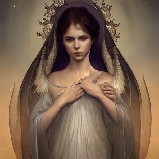 Image similar to A beautiful digital painting of a baby female Seraphim, princess, the moon behind her, intricate, cinematic lighting, highly detailed, digital painting, Artstation, concept art, smooth, sharp focus, illustration, art by Tom Bagshaw, Artgerm and Greg Rutkowski