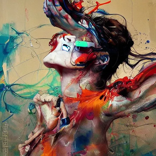 Prompt: grinning woman in a vr headset, dynamic energic pose, cyberpunk in the style of adrian ghenie, esao andrews, jenny saville, surrealism, dark art by james jean, takato yamamoto