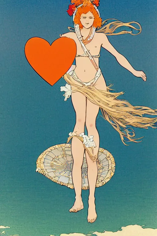 Image similar to A girl in a white lacy bikini and white sun hat and Holding a heart-shaped lifebuoy, jumping for joy,long orange hair floating on air ,Waves and sand and clouds in the background ,Smooth visual lines,,graphic Design by mucha and studio ghibli