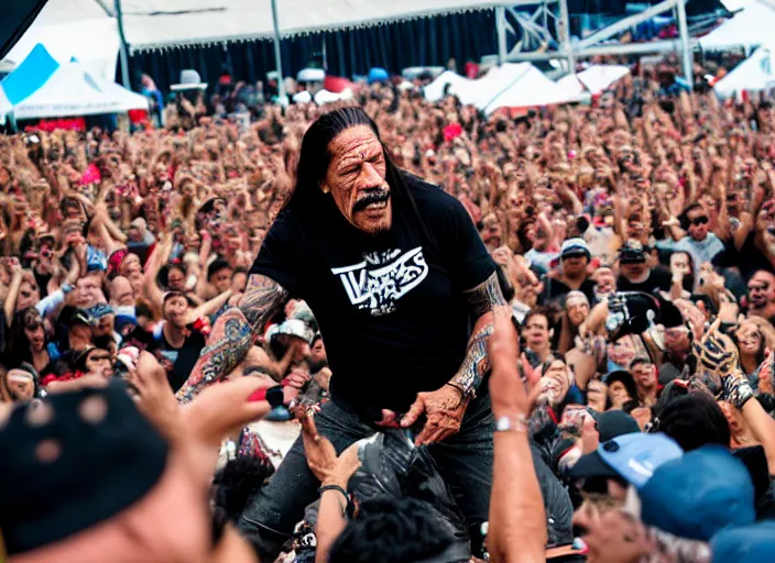 Image similar to photo still of danny trejo at vans warped tour!!!!!!!! at age 6 3 years old 6 3 years of age!!!!!!! stage diving at a crowd, 8 k, 8 5 mm f 1. 8, studio lighting, rim light, right side key light