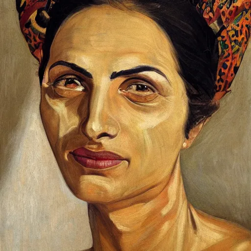Image similar to Close-up portrait of 30 year old Mediterranean skinned woman in ancient canaanite clothing, painting by Paula Rego, high detail, high resolution