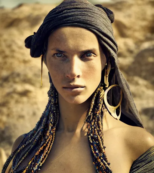 Image similar to portrait of a stunningly beautiful israeli tribal female, depth of field, zeiss lens, detailed, symmetrical, centered, fashion photoshoot, by Annie Leibovitz and Steve McCurry, David Lazar, Jimmy Nelsson, Breathtaking, 8k resolution, extremely detailed, beautiful, establishing shot, artistic, hyperrealistic, beautiful face, octane render