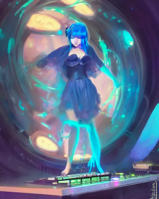 Image similar to pretty girl djing at a rave, blue hair, rem rezero, sharp focus, digital painting, 8 k, concept art, art by wlop, artgerm, greg rutkowski and alphonse mucha