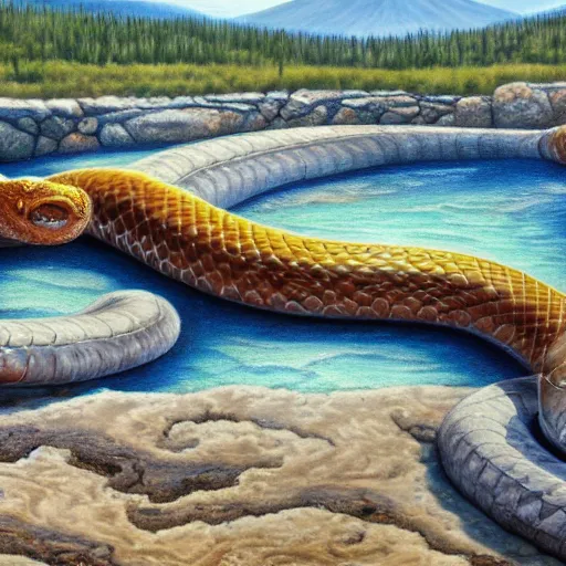 Prompt: oversized snake in a hotspring at yellowstone national park, highly detailed oil painting, featured on artstation