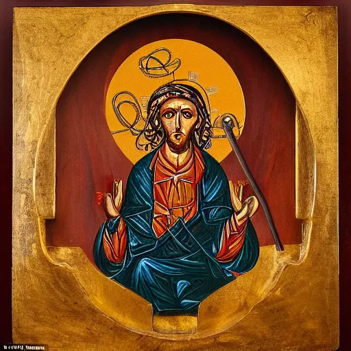 Prompt: a religious icon painted on wood of the flying spaghetti monster hanged in a monastery by an altar made from pasta