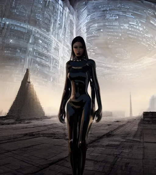 Prompt: tarkovsky greatest scene, the ancient destroyed majestic tower of babylon, woman in gantz suit, futuristic cyber clothing, transparent puffer jacket, hyperrealistic, blockchain, cyber world, ambient lighting, concept art, intricate, hyper detailed, smooth, dynamic volumetric lighting, octane, ray trace, cinematic, high quality, cgsociety