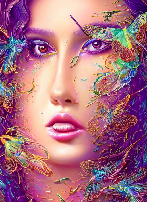 Prompt: beautiful young woman, extremely detailed gorgeous face, sad eyes, tears, sexy body and face, vaporwave aesthetic, synthwave, long luxurious gown, beautiful vibrant birds, butterflies, flowers, colorful, psychedelic, intricate, elegant, highly detailed, digital painting, artstation, concept art, smooth, sharp focus, illustration, art by artgerm and greg rutkowski and alphonse mucha