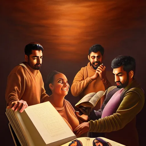 Image similar to a painting of three brown men and a brown woman emerging out of a giant open book, hyperrealistic faces, detailed digital art, aesthetic!, trending on artstation