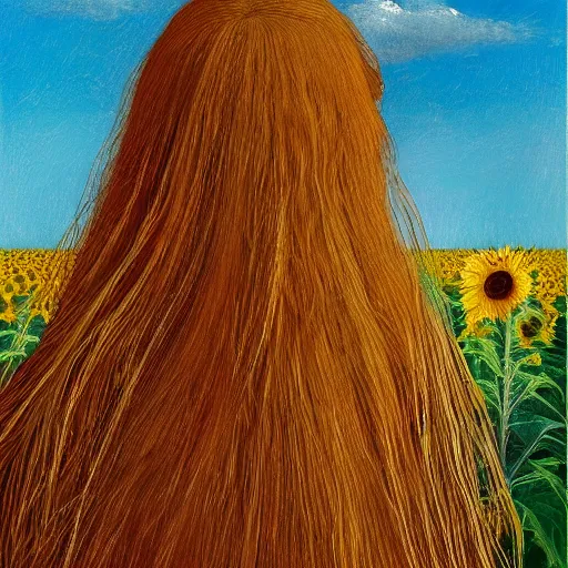 Image similar to a girl in amazing tall sunflower field, her hair flowing down, subtle, intricate details, real masterpiece, oil on canvas, by leonardo da vinci, vitalik buterin