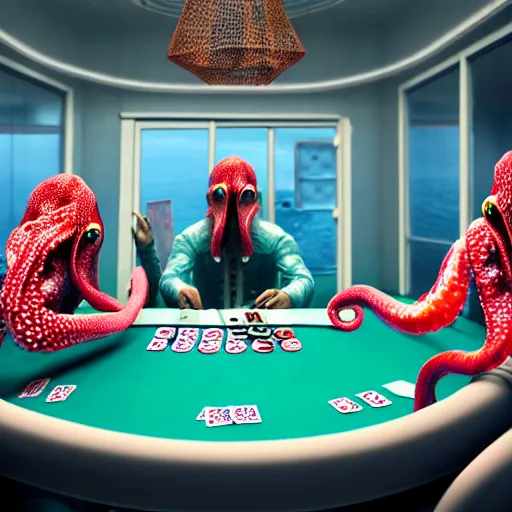 Image similar to hyperrealism simulation highly detailed human octopuses'wearing transparent jackets, playing poker in surreal scene from art house movie from future by wes anderson rendered blender and octane render