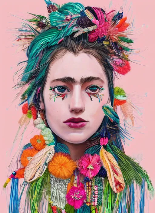 Image similar to beautiful portrait of a mediterranean female wearing fantastic Hand-dyed cotton dress, embellished beaded feather decorative fringe knots ,colorful pigtail,subtropical flowers and plants,symmetrical face,intricate,elegant, highly detailed, 8k,post-processing,digital painting, trending on pinterest, arper's bazaar,concept art, sharp focus, illustration, by artgerm,Tom Bagshaw,Daniel Gerhartz,Albert Aublet,Lawrence Alma-Tadema