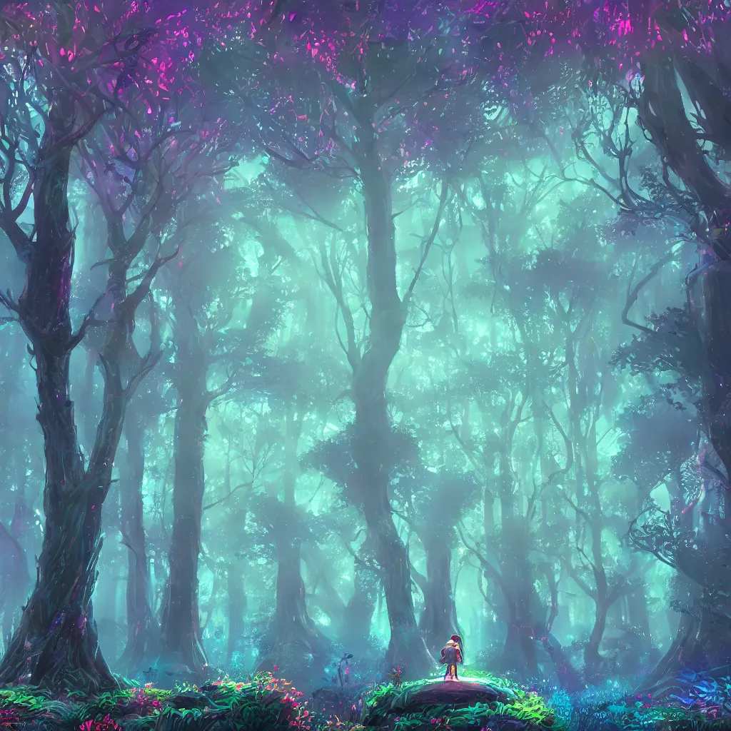 Image similar to huge trees, misty nighttime. radiating colorful energy. photorealistic, moody atmosphere, volumetric shading, holographic undertones, intricate and detailed, highly saturated colors. ori and the blind forest, breath of the wild style, studio ghibli!!!. trending on artstation. award winning, daily deivation. pastel!! pink accents.