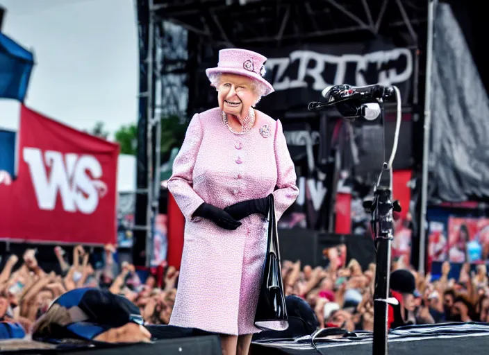 Prompt: photo still of queen elizabeth on stage at vans warped tour!!!!!!!! at age 7 0 years old 7 0 years of age!!!!!!! in the mosh pit, 8 k, 8 5 mm f 1. 8, studio lighting, rim light, right side key light