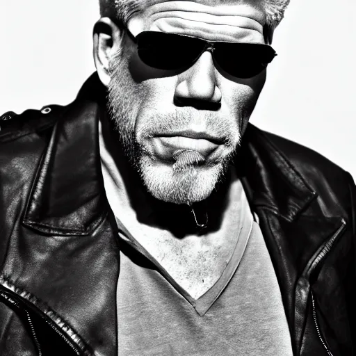 Prompt: a badass ron perlman with short wavy hair while wearing a black leather jacket and aviator sunglasses, realistic, hyperrealistic, 8 k resolution, hd quality, very detailed, highly detailed, intricate details, real life, real world, trending on artstation