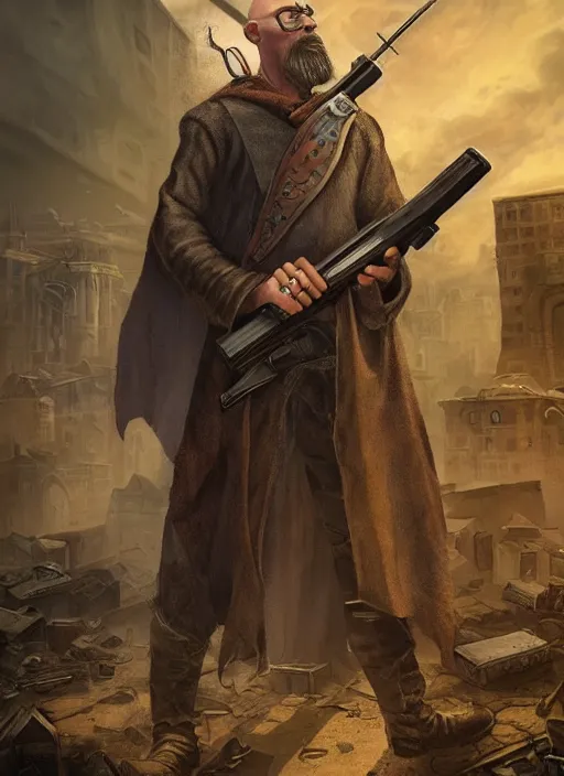 Image similar to portrait of a wizard holding a gun, the wizard has a half shaved head and tattoos, the wizard holding a pistol points downwards, the wizard holding a pistol is only one and stands in a ruined city. by Ciryl Rolando, hyperrealistic illustration, digital art, studio lightning, very detailed faces