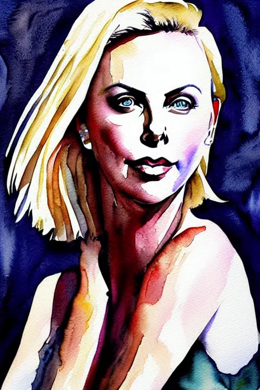 Prompt: charlize theron, watercolor portrait by ana santos