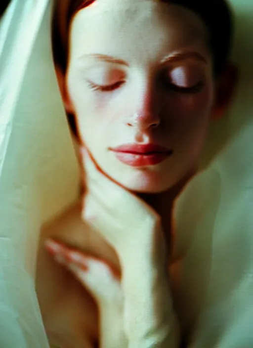 Prompt: out of focus photorealistic portrait of a beautiful!!! aesthetic!!! pale woman by saul leiter, behind a white latex sheet, very blurry, translucent white skin, closed eyes, foggy