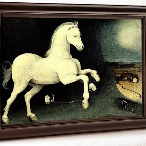 Image similar to white horse at night by hieronymus bosch