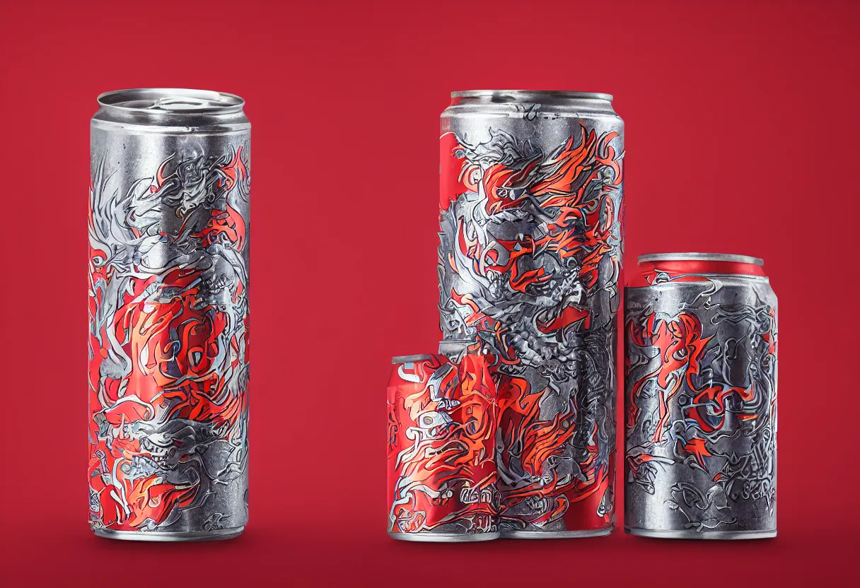 Image similar to an aluminium can of a dragon-flavored energy drink, professional studio photography, smokey and fiery background, packshot