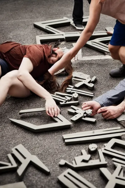 Prompt: man breaking into pieces while a woman tries to hold the fallen parts, surreal, spawn