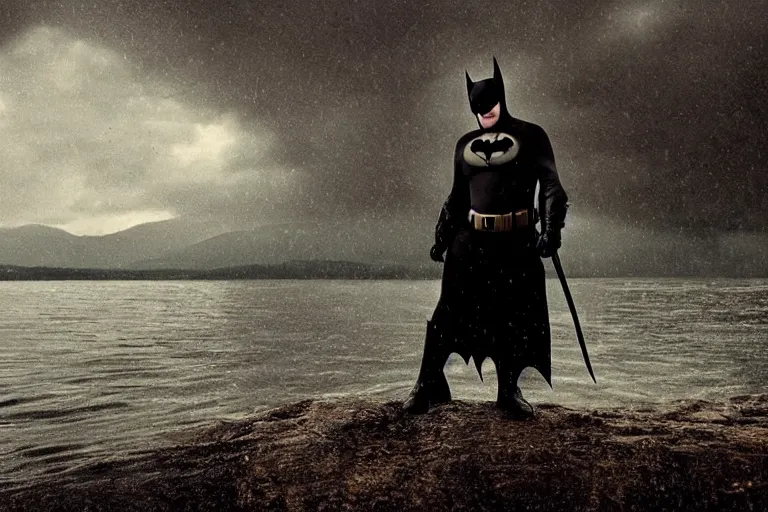 Prompt: a cinematic painting of ricky gervais as batman near a lake on a rainy day, beautiful lighting, high depth, ultra realistic, artistic, by annie leibovitz