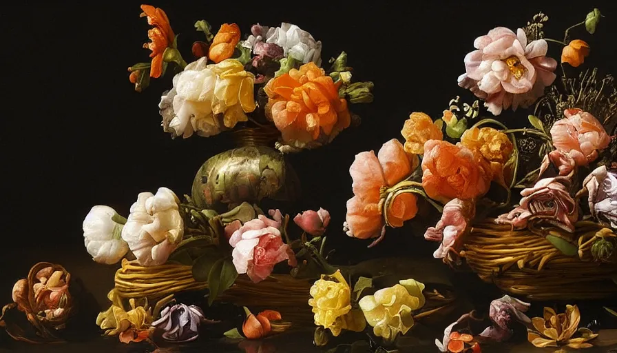 Image similar to beautiful disturbing dutch golden age bizarre floral still life with toes sprouting up everywhere by rachel ruysch black background chiaroscuro beautiful dramatic lighting perfect composition high definition 8 k 1 0 8 0 p