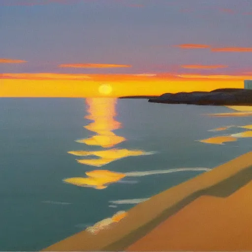 Prompt: a beautiful painting of a calm and serene sea landscape at sunset by edward hopper and hiroshi nagai, trending on artstation,