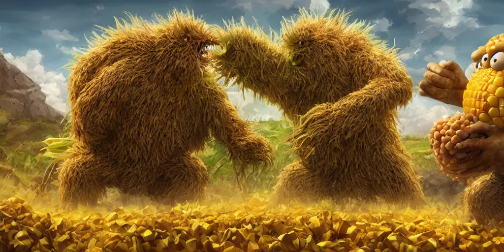 Prompt: corn-monster vs potatoe-monster fight, epic digital art illustration, wide angle, masterpiece, outstanding detail, illustration, colorgrading, LUTs, | 28mm |