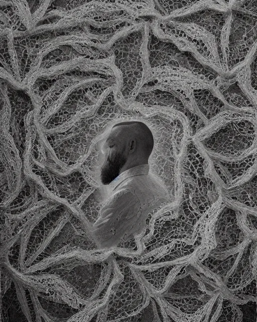 Image similar to a man's face in profile, made of intricate lace skeleton, in the style of the dutch masters and gregory crewdson, shot from drone, dark and moody