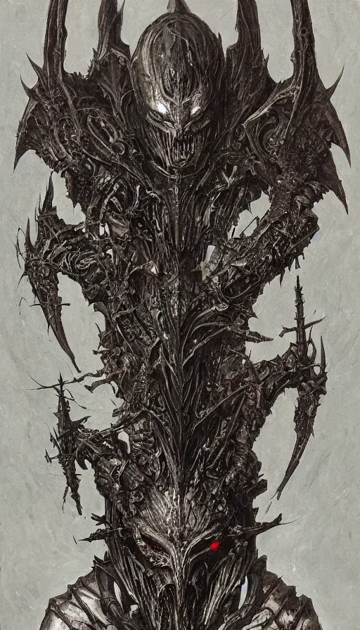 Image similar to Scorn themed painting of symmetrical torso abyssal darkness armor anatomy with armored bat wings and extended evil hands concept, intricate artwork by H.R. Giger, Johnatan Wayshak, Zdizslaw Beksinski, Ayami Kojima, Amano, Karol Bak, Moebius, and Mark Brooks, Neo-Gothic, gothic, rich deep colors, art by Takato Yamamoto, masterpiece, face by Artgerm, very coherent artwork, cinematic, hyper realism, high detail, octane render, unreal engine, 8k, High contrast, golden ratio, trending on cgsociety