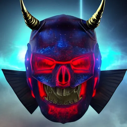 Image similar to celestial guardian, rgb emperor of hell mask, iron giant jaw, iron giant chin, horns, fangs, 8 k, rgb laser background