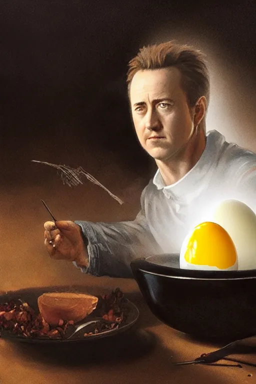 Image similar to a boiled egg with with edward norton's face inside the egg, highly detailed, dramatic lighting, concept art by caravaggio and greg rutkowski and artgerm