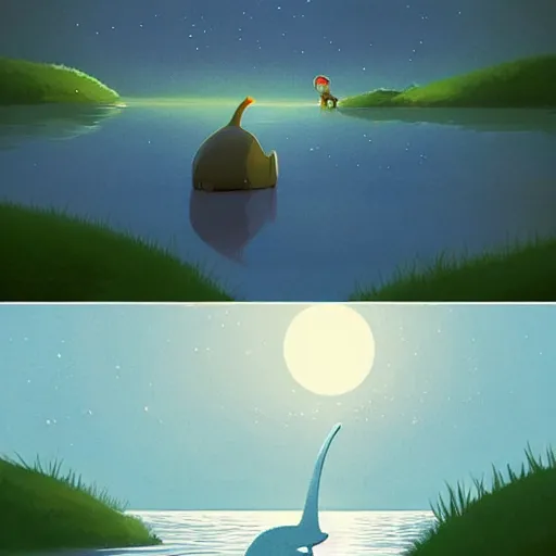 Prompt: cute dino in lake under big full moon, painting by Goro Fujita and pascal campion, sharp focus, highly detailed, ArtStation, simple shapes,great lighting