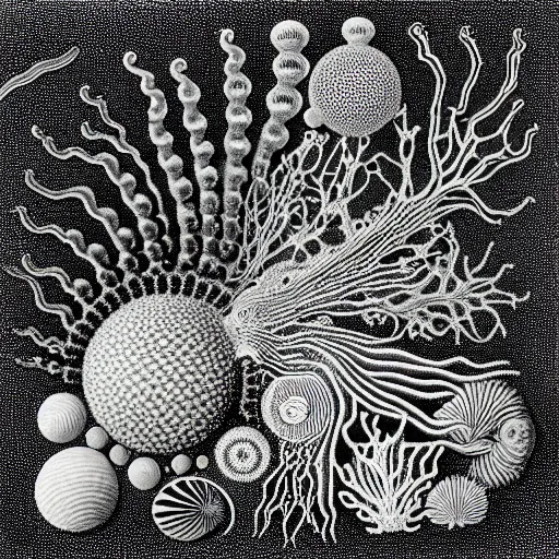 Image similar to a black and white drawing of a variety of sea life and filled with technological space equipment, a microscopic photo by ernst haeckel, zbrush central, kinetic pointillism, bioluminescence, intricate patterns, photoillustration