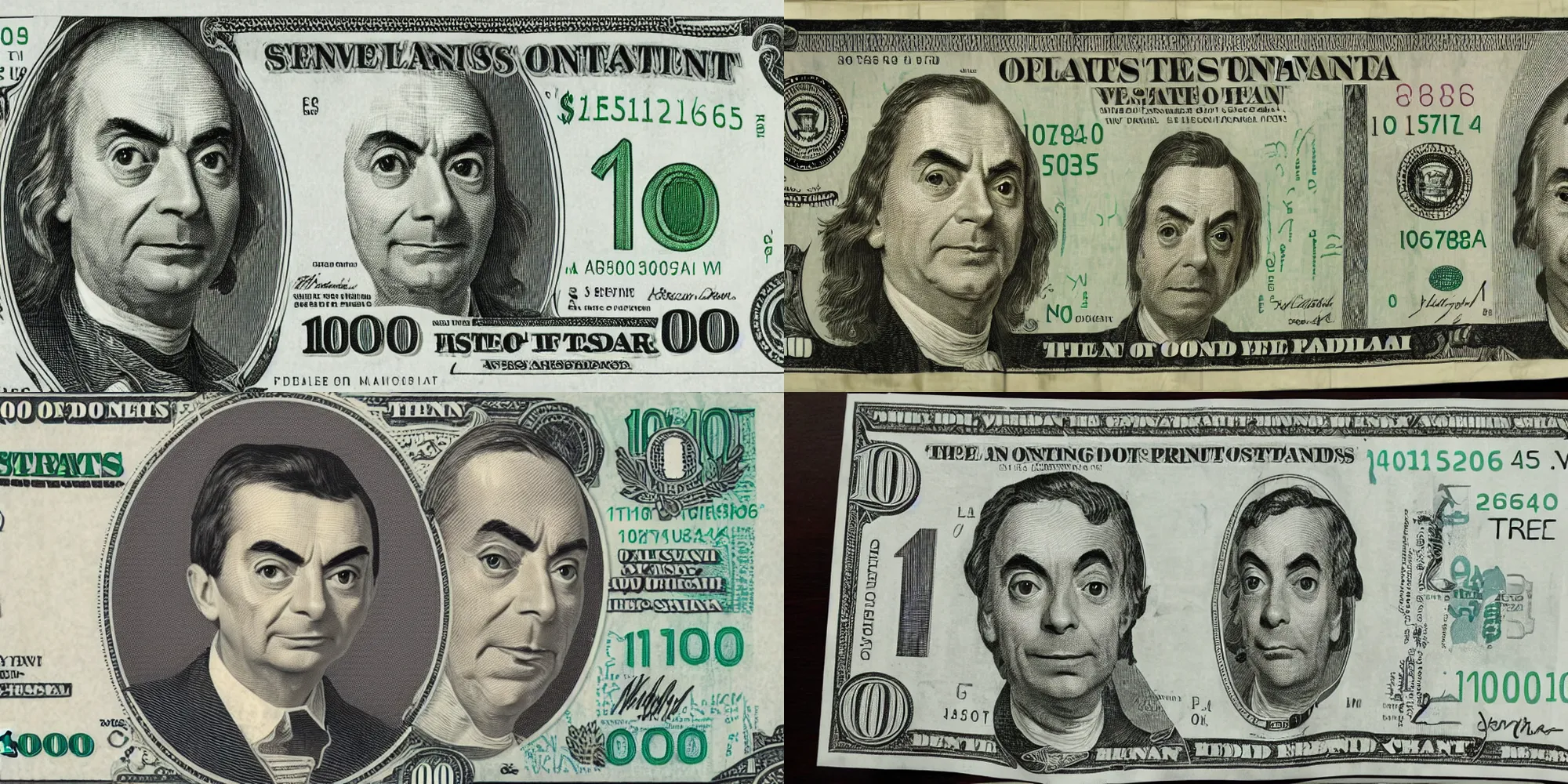 Prompt: 100 dollar bill, with a portrait of Mr Bean, instead of the president