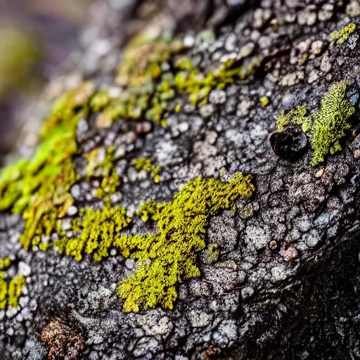 Prompt: closeup of bright lichens on a dark rock, condensed water particles, macro photography, DSLR, sony a7III, nature photography, shallow depth of field, 4K, cinematic lighting,, night