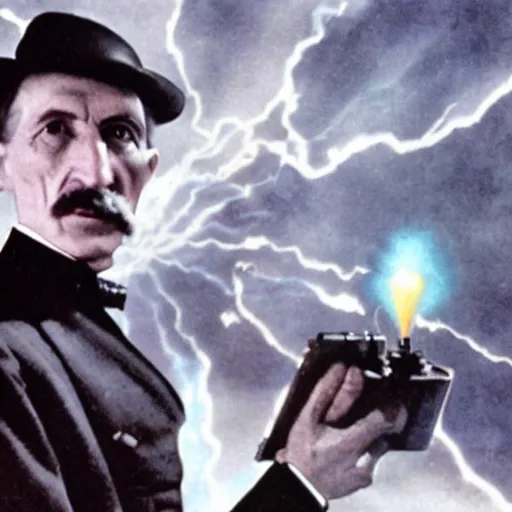 Image similar to UHD candid color photo of Nikola Tesla firing a phaser at Hitler, accurate faces, UHD, photorealistic, correct face, photo by Annie Leibowitz