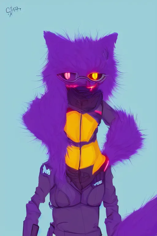 Image similar to a cute cyberpunk anthropomorphic fox with purple fur and yellow eyes and a fluffy tail, comic art, trending on furaffinity, cartoon, kawaii, backlighting, furry art!!!, cel shading, concept art, lineless