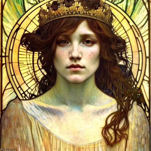 Image similar to detailed realistic beautiful young medieval queen face portrait by jean delville, alphonse mucha, vincent van gogh, and marco mazzoni, art nouveau, symbolist, visionary, gothic, pre - raphaelite