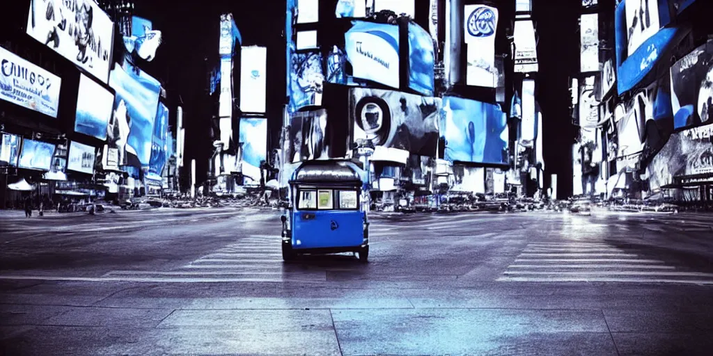 Prompt: a blue and white tuk tuk in Times Square at night, dream-like heavy atmosphere, dark baroque painting, beautiful, 8K artistic photography, photorealistic, dramatic volumetric cinematic perfect light, chiaroscuro, award-winning photograph, masterpiece, Raphael, Caravaggio, Beksinski, Giger, 4k