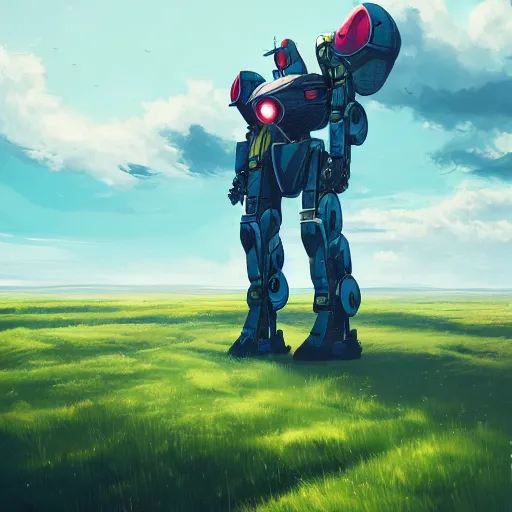 Prompt: a giant robot in the middle of a field. landscape, concept art, in the style of wlop, rossdraws, digital art, artstation trending