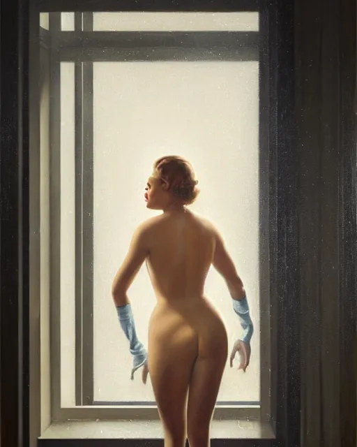 Image similar to photo of sasha pieterse in 1 9 3 0 s penthouse rainy window, oil painting, by enoch bolles, greg rutkowski, ross tran, artgerm, wlop glossy skin, intricate architectural detail, pearlescent, very coherent, cute