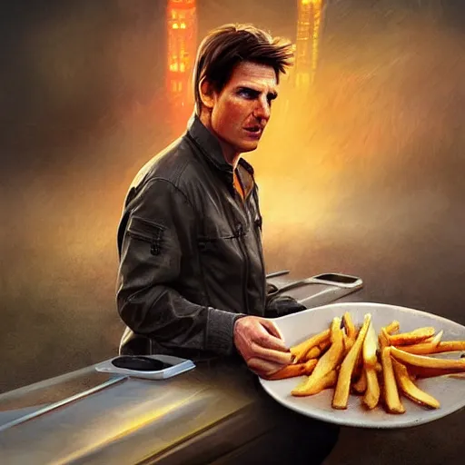 Prompt: tom cruise planting fries into the ground, digital art, highly - detailed, artstation cgsociety masterpiece